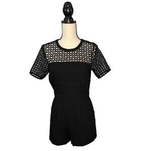 ALYTHEA Romper Women's Size S Black Short Sleeve Pockets Pleated Lace Shorts Zip